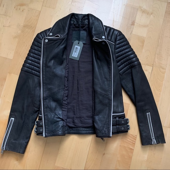 All Saints Bixer Lamb Leather Piped Biker Jacket - Picture 6 of 9